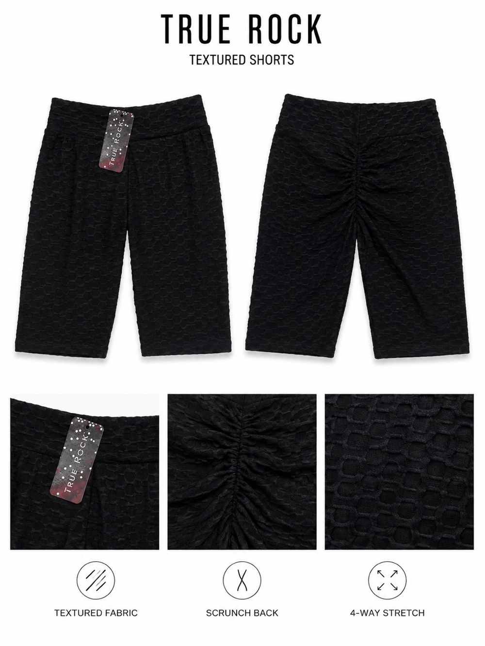 TRUE ROCK Black Textured Scrunch-Back Shorts